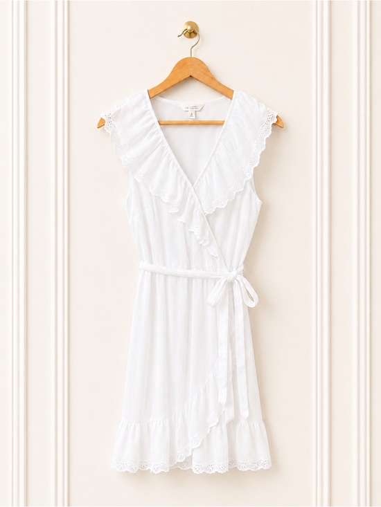 LC Lauren Conrad Dresses & Skirts - Lauren Conrad White Faux Wrap Eyelet Ruffle Dress Size Small Cottagecore Bridal